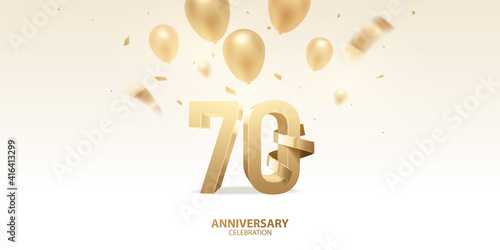 70th Anniversary celebration background. 3D Golden numbers with golden bent ribbon, confetti and balloons.
 photo
