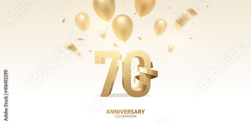 70th Anniversary celebration background. 3D Golden numbers with golden bent ribbon, confetti and balloons.

