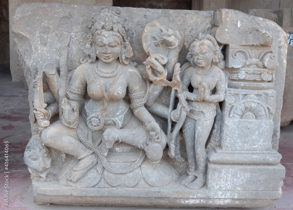 a seated hindu goddess carving at harshat mata temple situated in the village of abhaneri in the india a seated hindu goddess carving at harshat mata temple situated in the village of abhaneri in the india