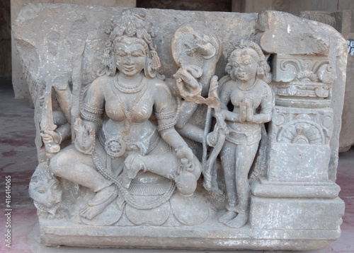 a seated hindu goddess carving at harshat mata temple situated in the village of abhaneri in the india
