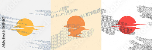 Vector illustration. Minimalist surreal poster collection. Sun reflection. Moon and clouds. Abstract backgrounds. Design elements for social media template, blog post, square banner. 
