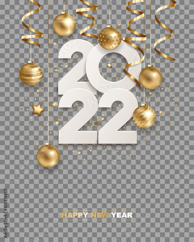 Happy new year 2022. White paper numbers with golden Christmas decoration and confetti, isolated on transparent background. Holiday greeting card design.