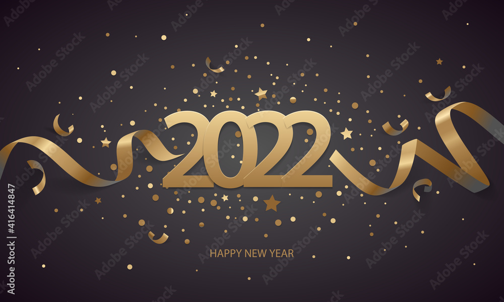 Happy New Year 2022. Golden numbers with ribbons and confetti on a black background. Happy New Year 2022. Golden numbers with ribbons and confetti on a black background.