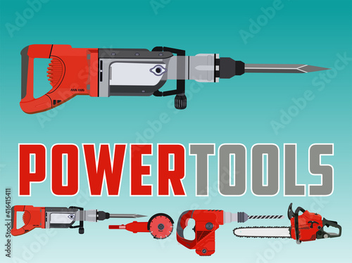 Vector illustration with electric drill hammer and Different Power Tools 