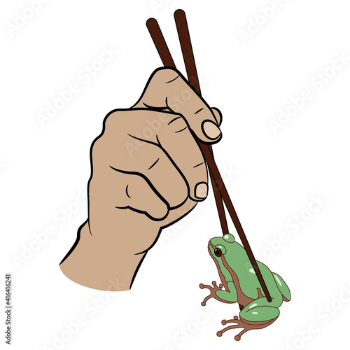 Two human hands holding green frog with chopsticks. Funny concept for exotic food.