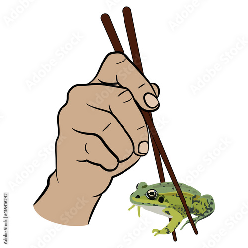 Two human hands holding green frog or toad with chopsticks. Funny concept for exotic food.