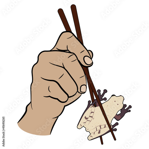 Two human hands holding tropical frog or toad with chopsticks. Funny concept for exotic food.