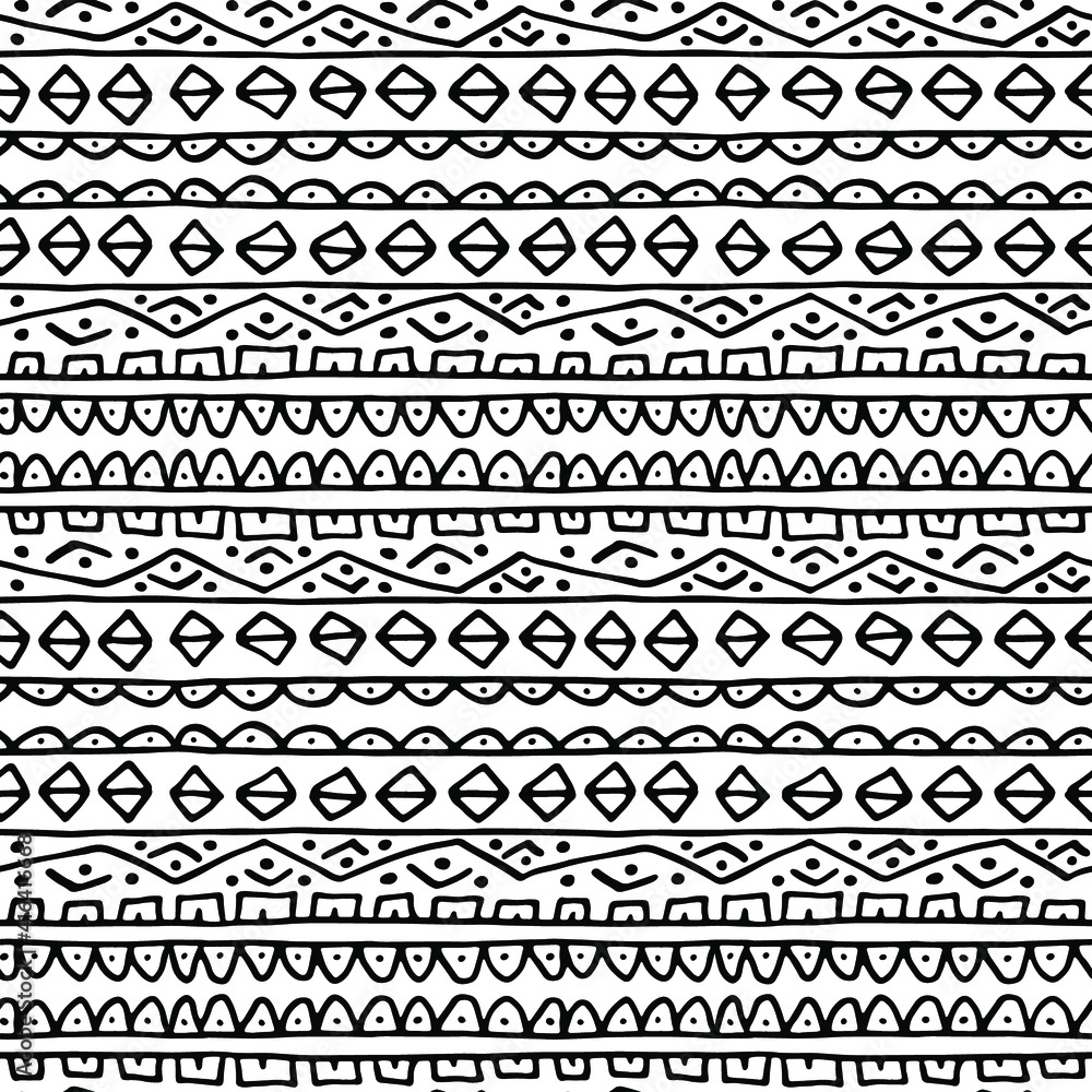 Seamless variable waves, lines, dots striped horizontal pattern. Curves abstract vector background. Hand drawn curled monochrome line art. Design for wallpaper, textile,wrapping, banner, poster, cover Seamless variable waves, lines, dots striped horizontal pattern. Curves abstract vector background. Hand drawn curled monochrome line art. Design for wallpaper, textile,wrapping, banner, poster, cover