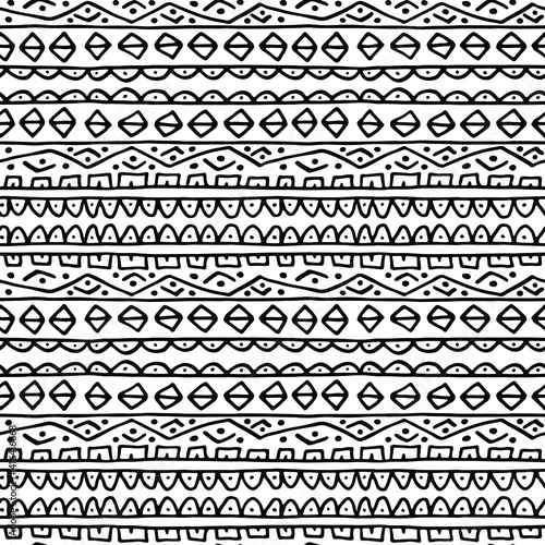 Seamless variable waves, lines, dots striped horizontal pattern. Curves abstract vector background. Hand drawn curled monochrome line art. Design for wallpaper, textile,wrapping, banner, poster, cover