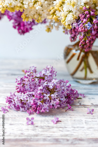Purple lilac in glass vase on white wooden table. Spring branches of blooming lilac festive bouquet of flowers. Purple lilac branch on table, floral still life on gray wooden background.