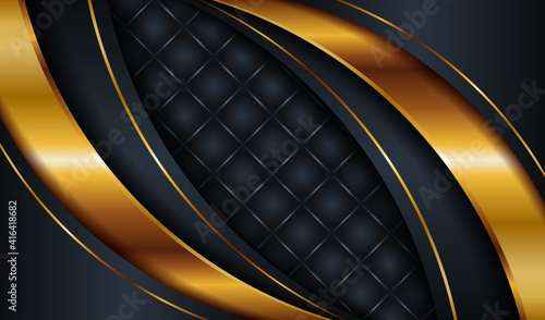 Abstract dark grey metallic with gold light luxury design background. Modern futuristic shadow black space overlap layer on shine line golden element decoration