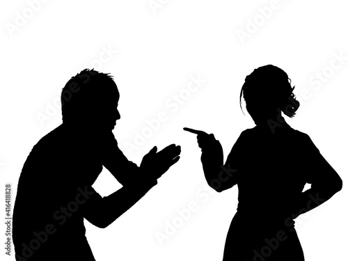 怒る女性と謝る男性のシルエット