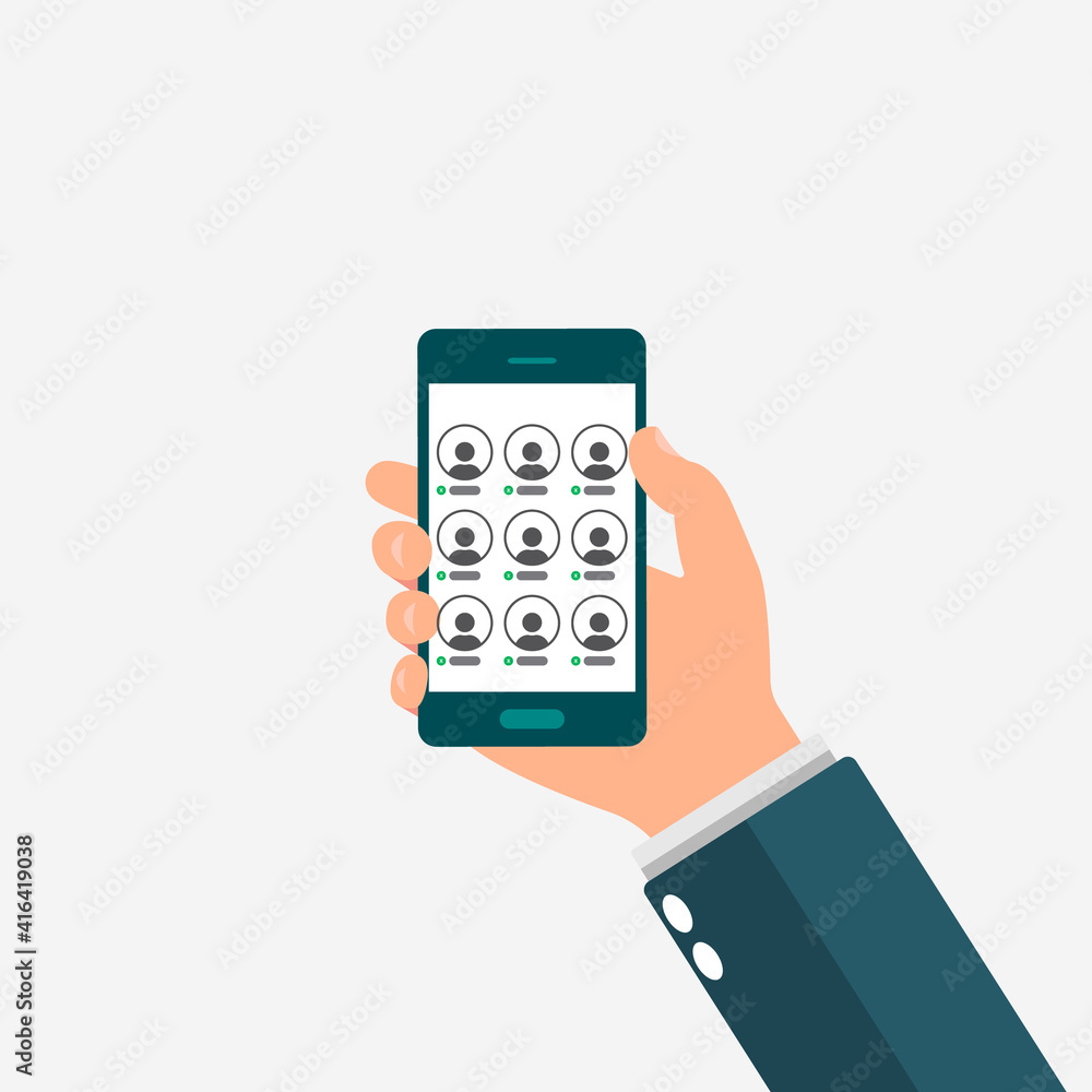 Hand holding smartphone with clubhouse interface. Room of clubhouse app. Audio chat. Social media with avatar. Vector Hand holding smartphone with clubhouse interface. Room of clubhouse app. Audio chat. Social media with avatar. Vector