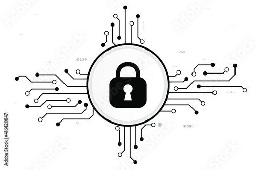 Vector black lock button with the circuit board and password on a white screen to login for cyber security technology background