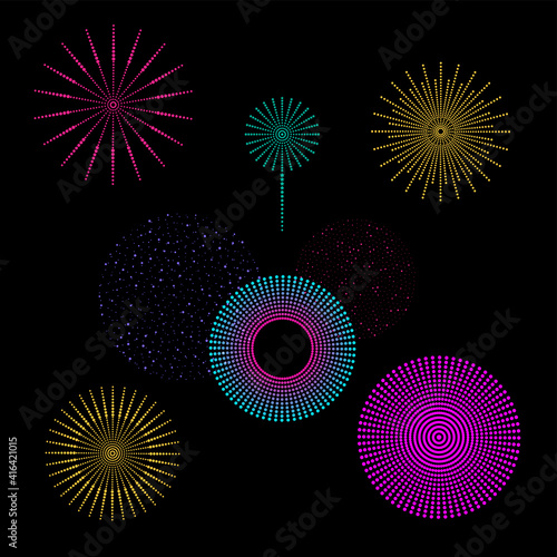 Fireworks and light decoration Vector illustration in flat design Set of multicolored fireworks flashes isolated on black background