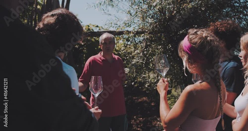 A winemaker guiding private tour for a group of friends in a summer day 