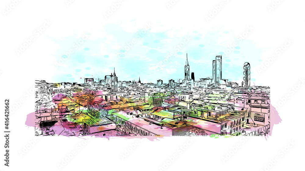 Building view with landmark of Batumi is the
city in Georgia. Watercolour splash with hand drawn sketch illustration in vector.
