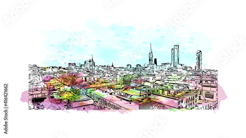 Obraz na płótnie Building view with landmark of Batumi is the
city in Georgia. Watercolour splash with hand drawn sketch illustration in vector. w salonie