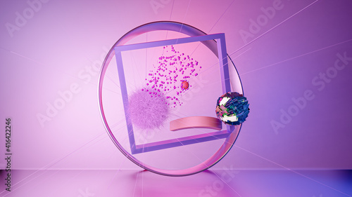 Abstract shapes in a round and square frame on a neon background. 3d rendering.