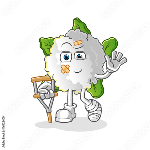 cauliflower sick with limping stick character. cartoon mascot vector