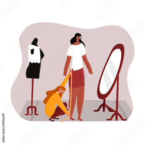 Vector flat illustration seamstress who takes measurements for trousers from client at workplace. Concept Atelier of repair clothing, tailoring.