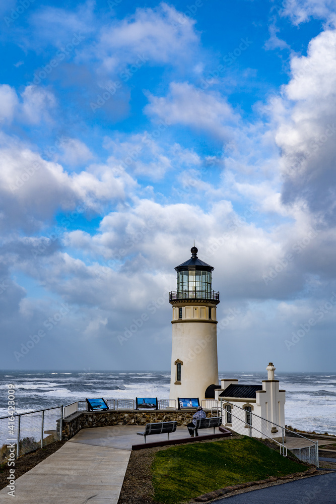 North Head Lighthouse.  It is an active aid to navigation overlooking the Pacific Ocean from North Head, a rocky promontory located approximately two miles north of  the mouth of the Columbia River.