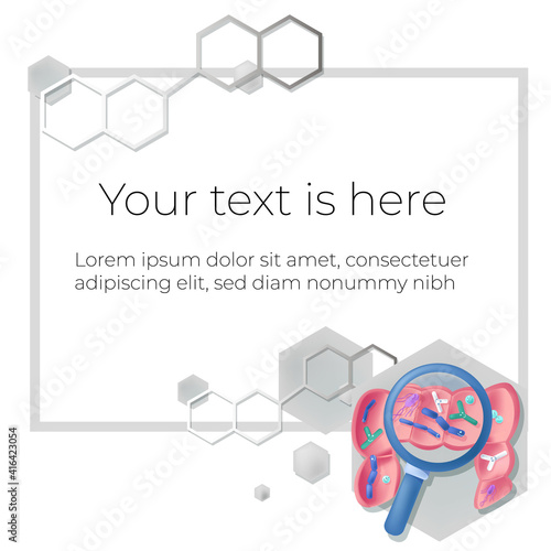 Vector illustration template, frame layout for slide design, presentation, title page, introduction, home page. Chemical structure is depicted. Image shows intestine with microflora bacteria inside.