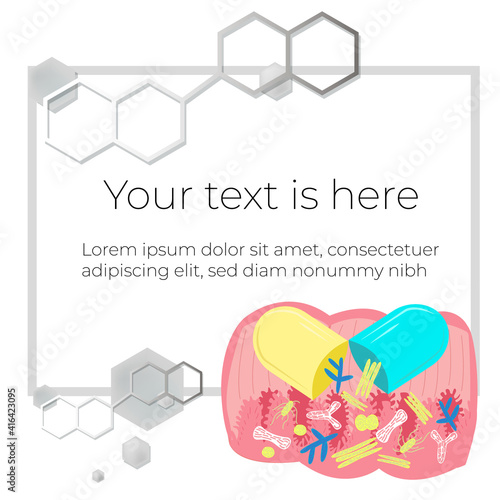Vector illustration template, frame layout for slide design, presentation, title page, introduction, home page. Chemical structure is depicted. Image shows intestine with microflora bacteria inside.