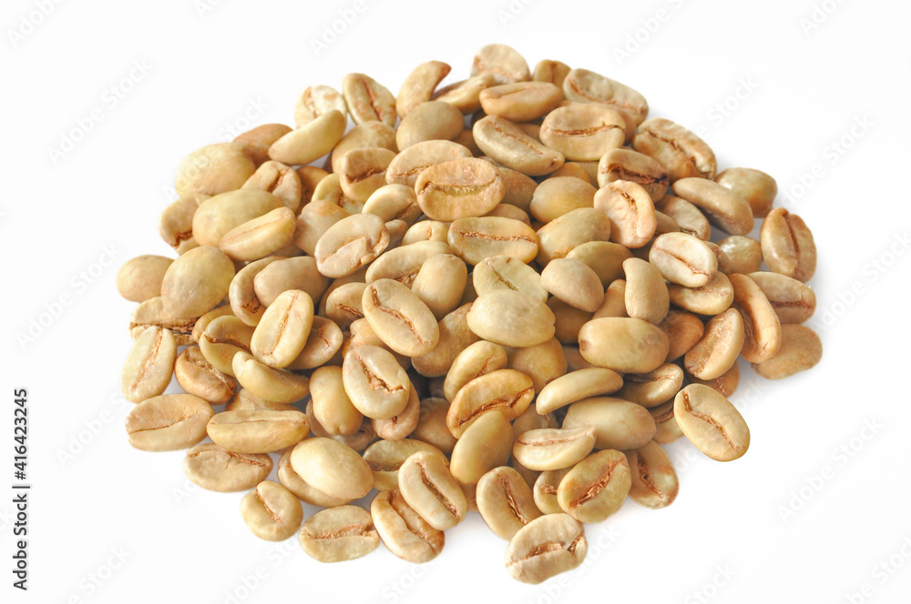 Close-Up Of Raw Coffee Beans White Background Close-Up Of Raw Coffee Beans White Background