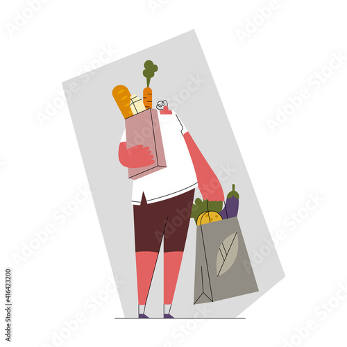 Vector flat abstract illustration with customer, woman holding bags of food in her hand. Concept buying, shopping, products, business.