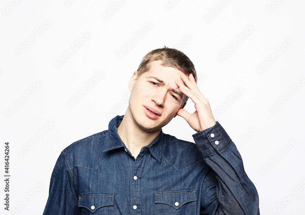 man hold his had and suffering from headache, pain, migraine, sad depressed isolated on white background man hold his had and suffering from headache, pain, migraine, sad depressed isolated on white background