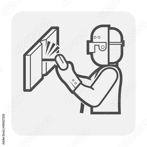 Welder vector icon. Also called craftsman, worker or labor. Who use tool and safety equipment to welding joint metal for industrial work i.e. fabrication, construction, production and metalworking.
