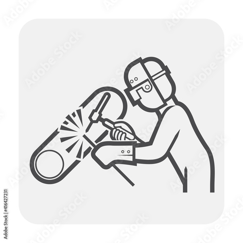 Welder vector icon. Also called craftsman, worker or labor. Who use tool and safety equipment to welding joint metal for industrial work i.e. fabrication, pipeline construction and metalworking.