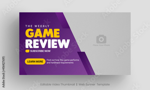 Video game review video thumbnail and web banner template. Editable video cover photo design for social media
