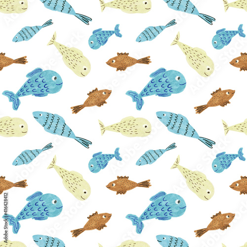 Seamless pattern with different funny fish illustrations. For kids, decor, backdrops, textile. 