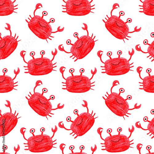 Seamless pattern with cute red crabs illustrations. For kids, textile, decor , backdrops. 