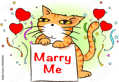 vector cartoon cat with card: marry me