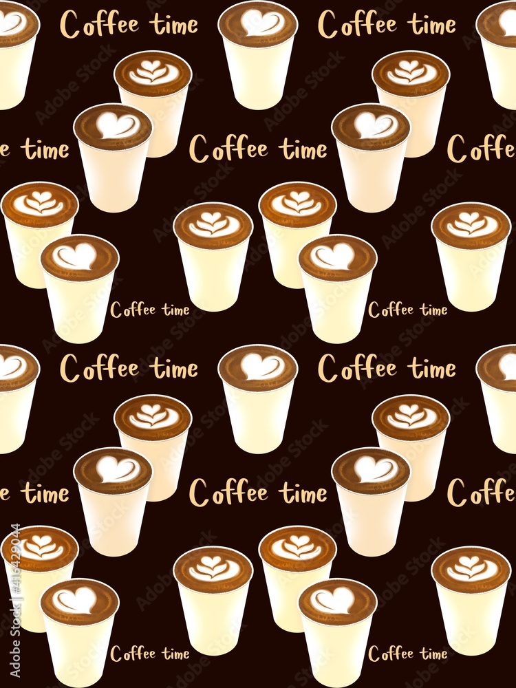 Hand drawn seamless pattern with coffee and cup on black background Hand drawn seamless pattern with coffee and cup on black background
