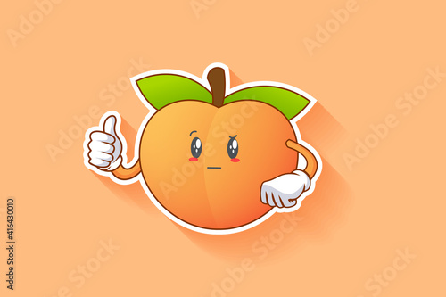 REALLY, ATTENTIVE, CURIOS Face Emotion. Thumb Up Finger Hand Gesture. Peach Fruit Cartoon Drawing Mascot Illustration.