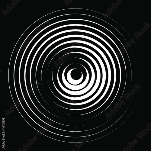 Radial white rotated stripes in ring form. Vector illustration. Design element for technology round logo, striped border frame, blackout tattoo, prints, monochrome pattern and abstract background