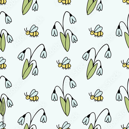 Seamless blue pattern with snowdrops. Spring background for sewing children's clothing, printing on fabric and packaging paper.