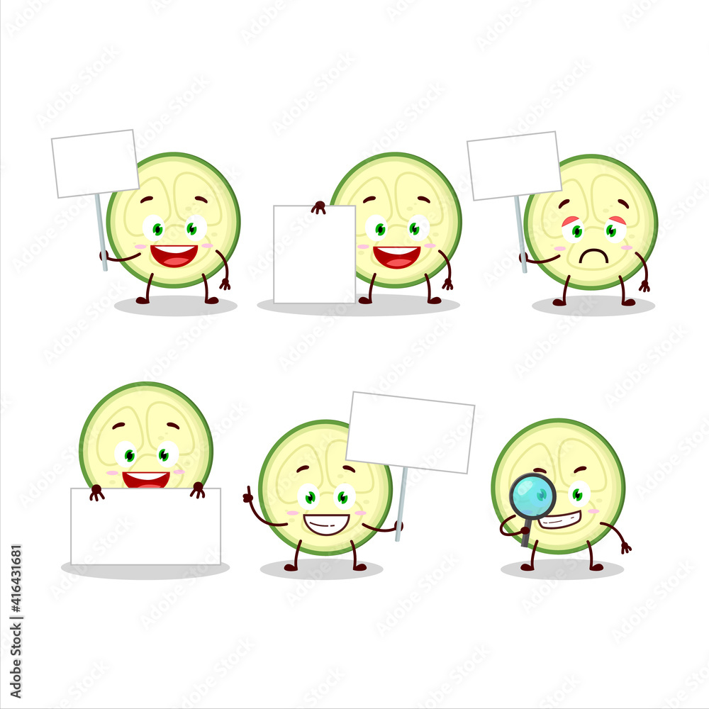 Slice of zucchini cartoon character bring information board Slice of zucchini cartoon character bring information board