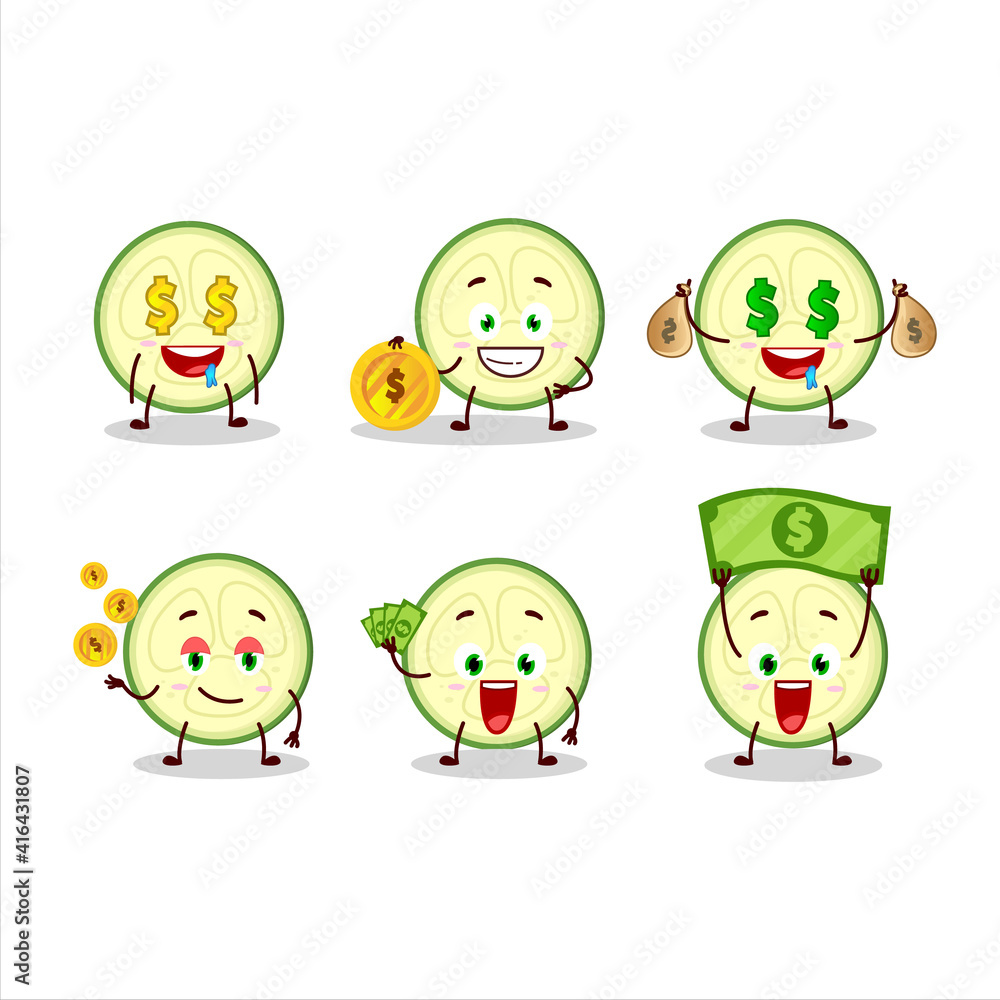 Slice of zucchini cartoon character with cute emoticon bring money Slice of zucchini cartoon character with cute emoticon bring money