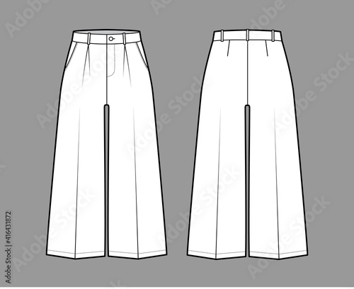 Pants capri technical fashion illustration with low waist, rise, single pleat, mid-calf length, wide legs, seam pockets. Flat trousers apparel template back, white color. Women, men, unisex CAD mockup
