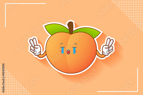 CRYING, SAD, SOB, CRY Face Emotion. Double Peace Finger Hand Gesture. Peach Fruit Cartoon Drawing Mascot Illustration.