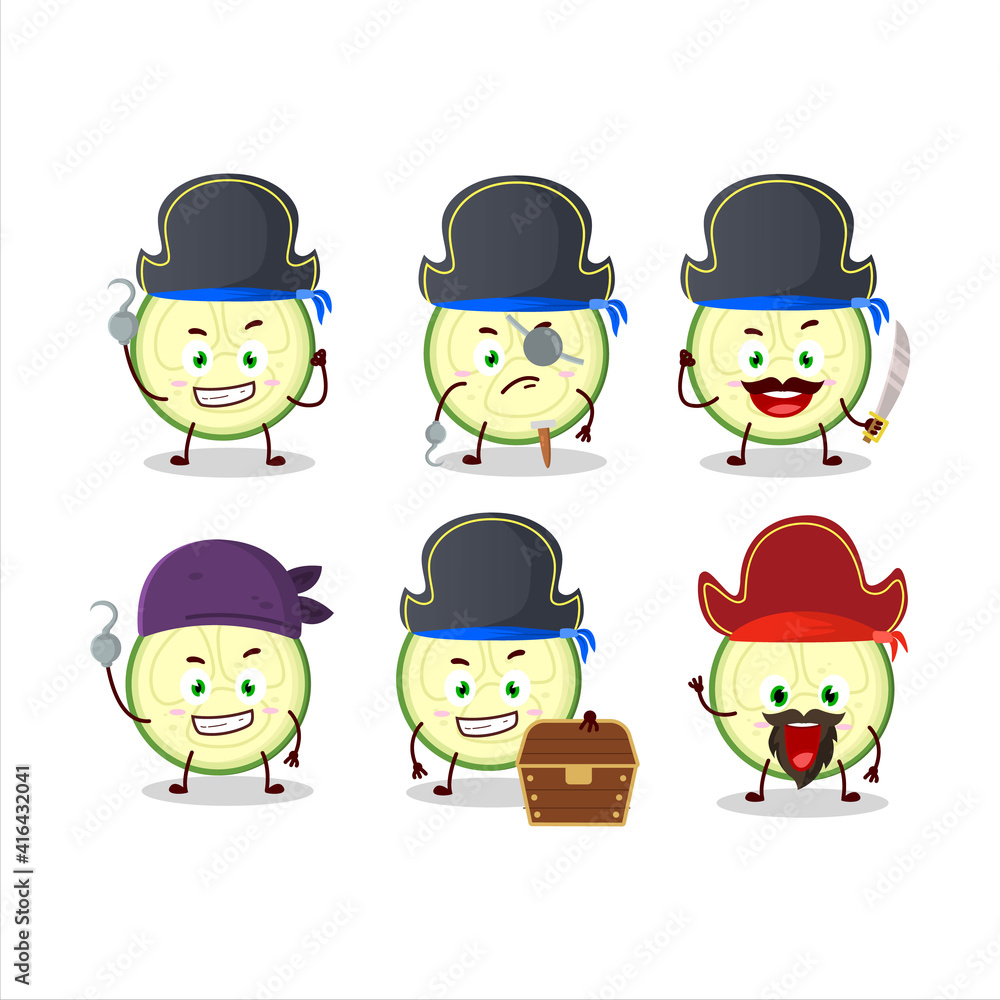Cartoon character of slice of zucchini with various pirates emoticons Cartoon character of slice of zucchini with various pirates emoticons