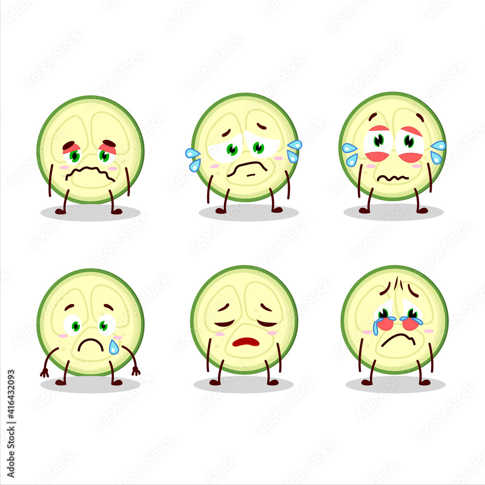 Slice of zucchini cartoon character with sad expression Slice of zucchini cartoon character with sad expression
