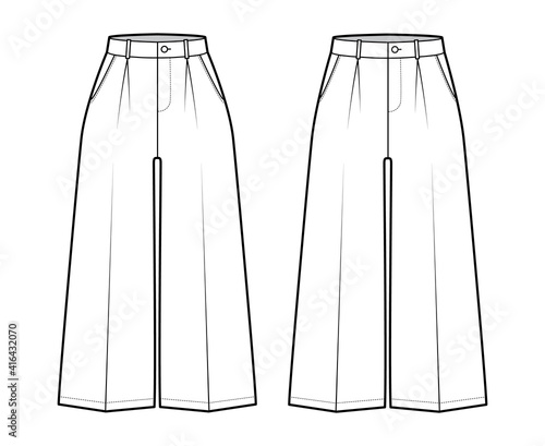 Set of Pants capri technical fashion illustration with low normal waist, high rise, single pleat, mid-calf length, wide legs, pockets. Flat trousers template white color. Women, men, unisex CAD mockup