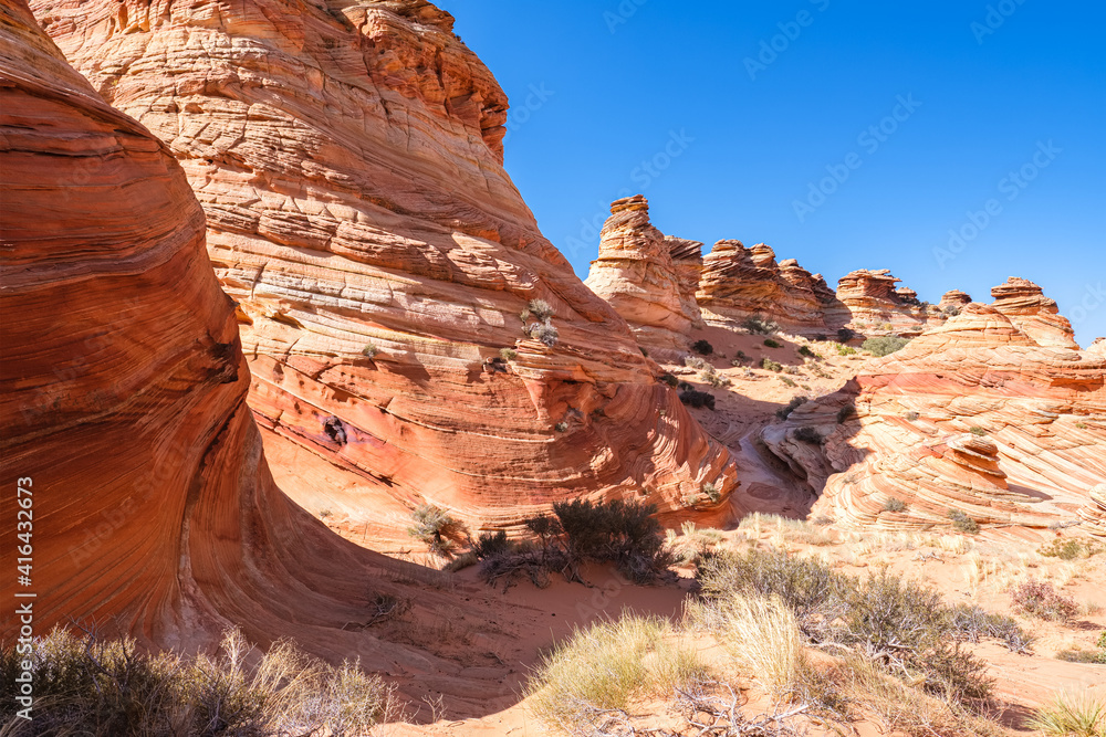 The beautiful landscape and rock formations of Coyote Buttes South in the Vermilion Cliffs National Monument in northern Arizona