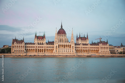 Sunset over the Hungarian Parliament Building Országház and Danube River, Budapest, Hungary